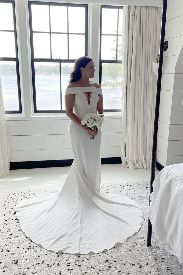 Buyishang Mermaid Off the Shoulder Lace-Up Satin Wedding Dresses