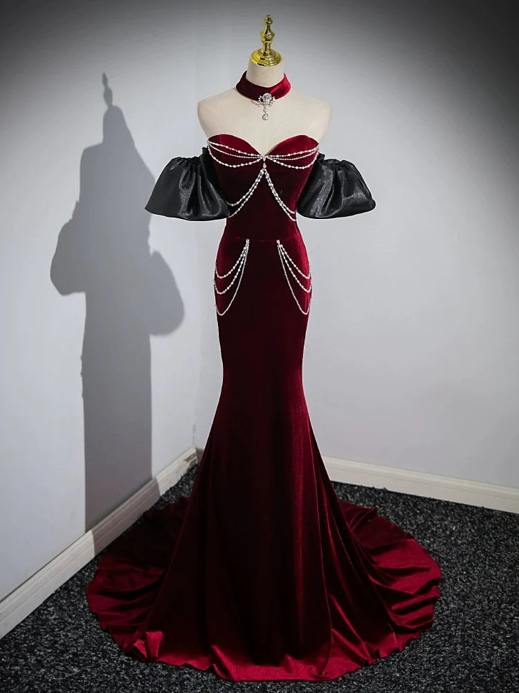 Buyishang Trumpet/Mermaid Velvet Burgundy Long Prom Dress with Beads