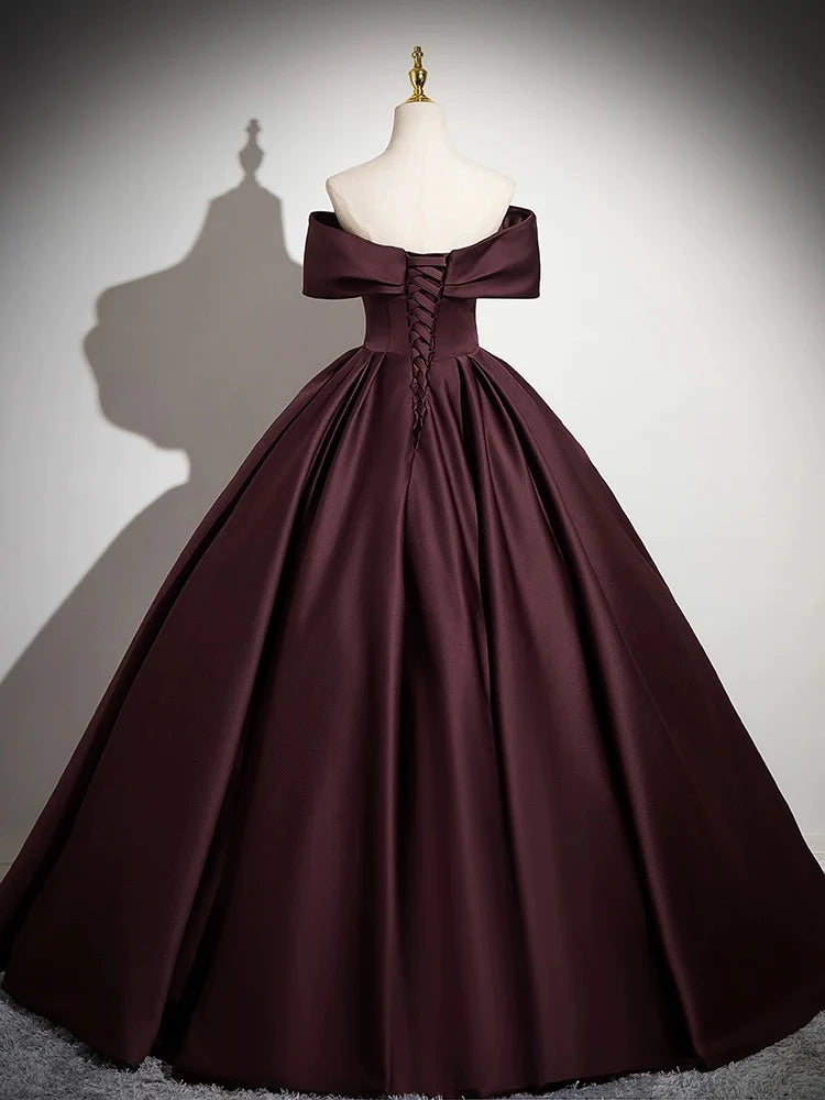 Buyishang A-Line Off the Shoulders Satin Maroon Long Prom Dress Maroon Long Formal Dress