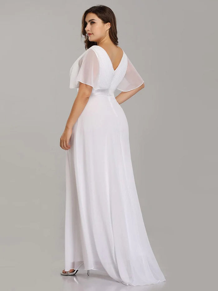 Plus Size Empire Waist V Back Bridesmaid Dress with Short Sleeves/Evening Dresses