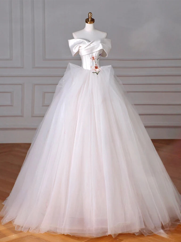Buyishang A-Line Off Shoulder Tulle Beige Long Prom Dress Beige Tulle Long Formal Dress
