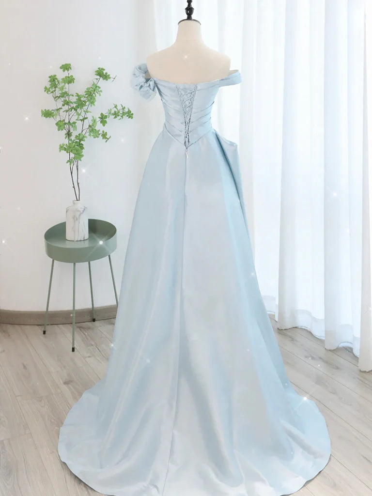Buyishang A-Line Off Shoulder Satin Tulle Blue Long Prom Dress Blue Long Formal Dress
