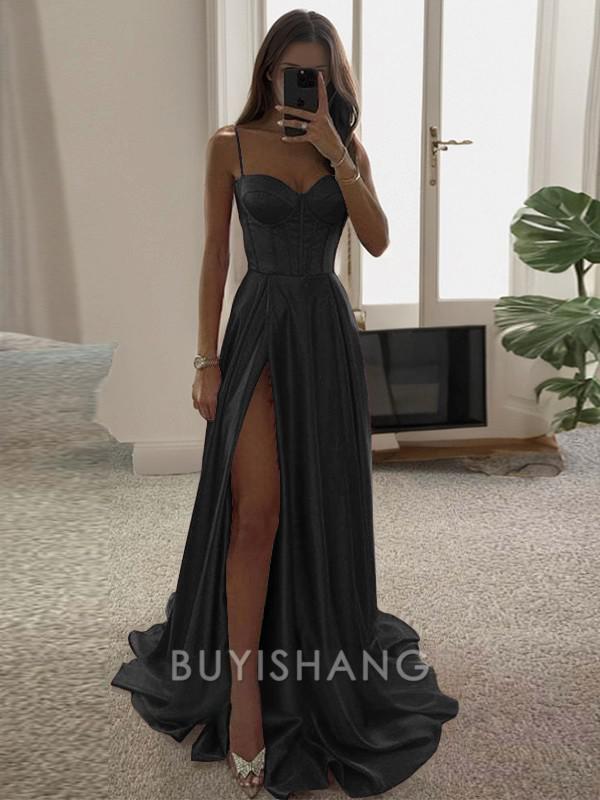 Buyishang A-line Spaghetti Straps Ruffles Sweep Train Silk Like Satin Corset Dress