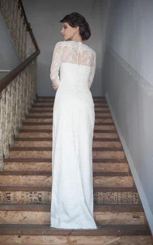 Buyishang Gorgeous High-Neck Long Illusion Sleeve Mermaid Bridal Gown With Split Side