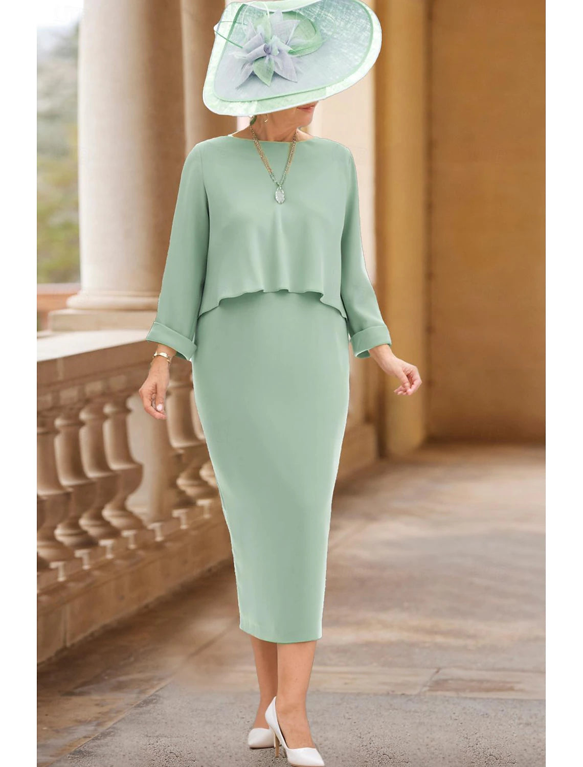 Buyishang Sheath / Column Mother of the Bride Dress Elegant Jewel Neck Tea Length Stretch Fabric 3/4 Length Sleeve with Pleats free custom size