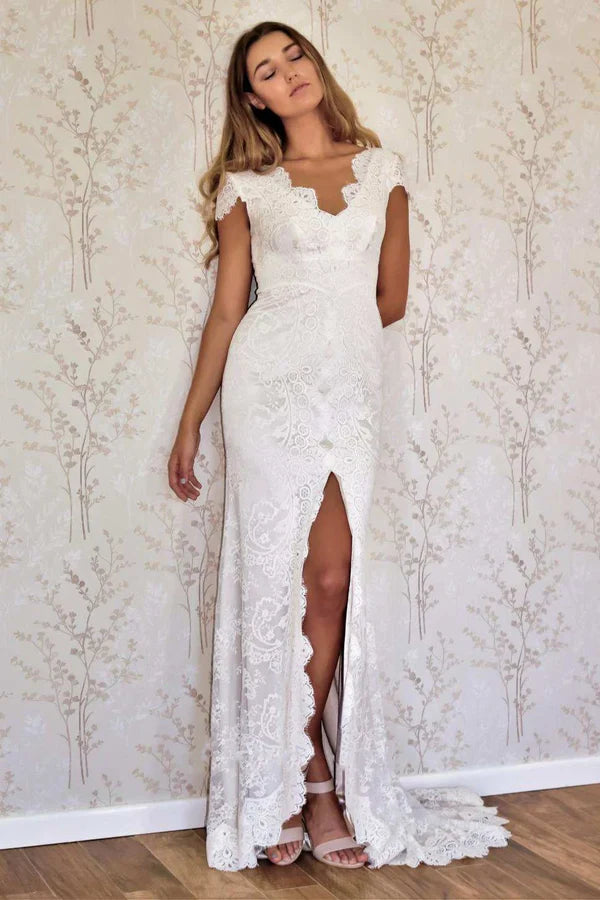 Buyishang Cap Sleeve Satin Lace Split Mermaid Wedding Dress