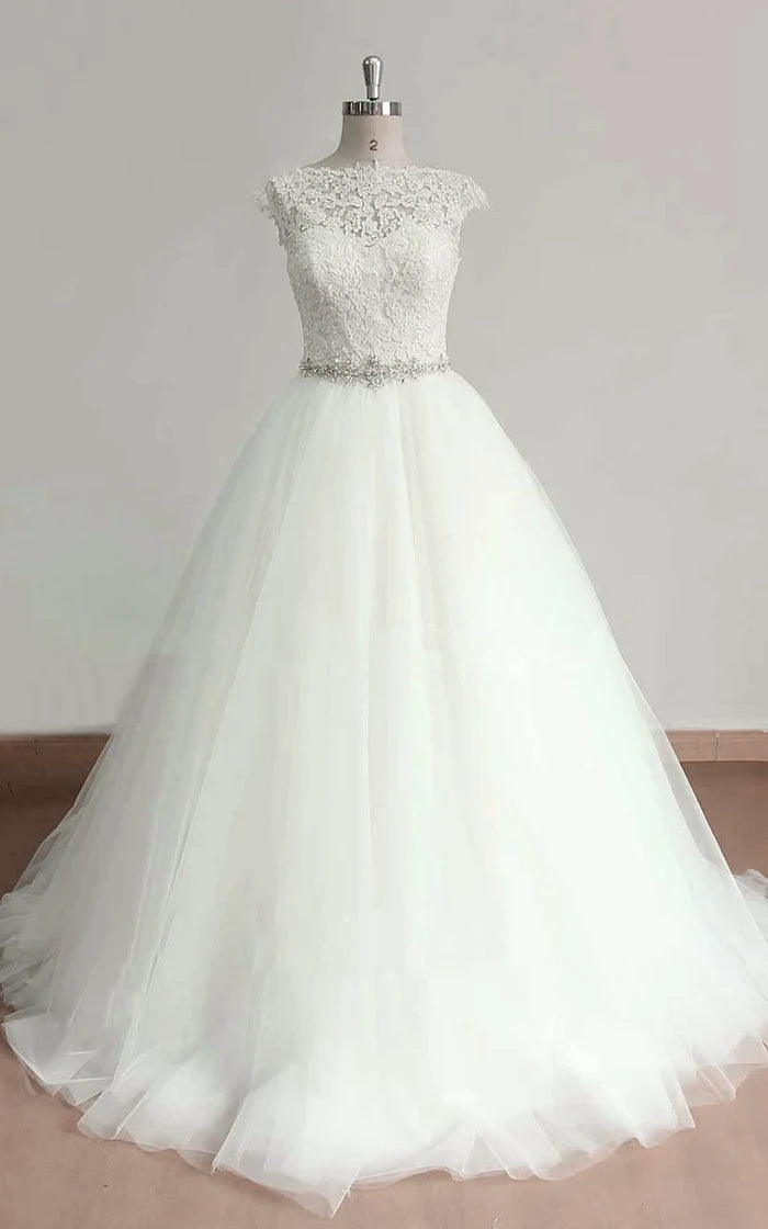 Buyishang Cap Sleeve Tulle Lace Dress With Beading Sash Ribbon Keyhole Back