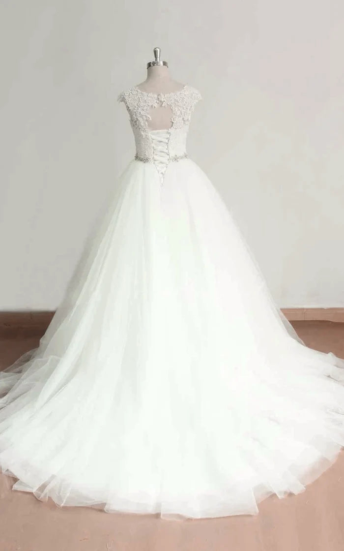 Buyishang Cap Sleeve Tulle Lace Dress With Beading Sash Ribbon Keyhole Back