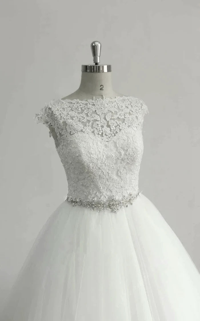 Buyishang Cap Sleeve Tulle Lace Dress With Beading Sash Ribbon Keyhole Back