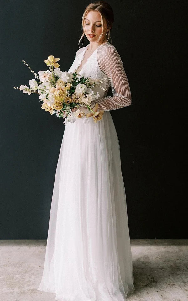 Buyishang Casual A-Line Bateau Lace Tulle Wedding Dress With Long Sleeve And Sash