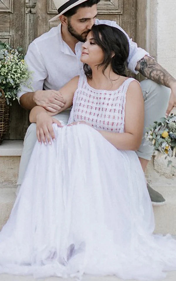 Buyishang Casual A-Line Bateau Lace Tulle Wedding Dress With Open Back And Lace