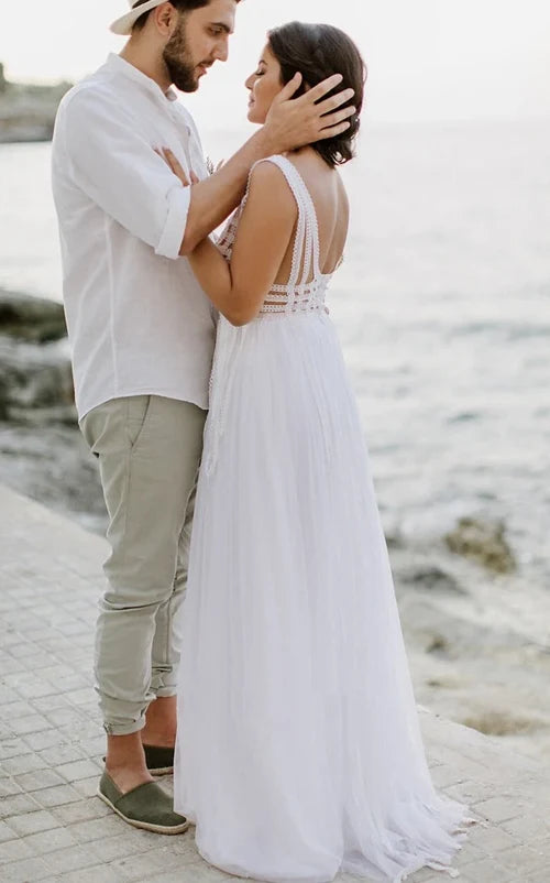 Buyishang Casual A-Line Bateau Lace Tulle Wedding Dress With Open Back And Lace