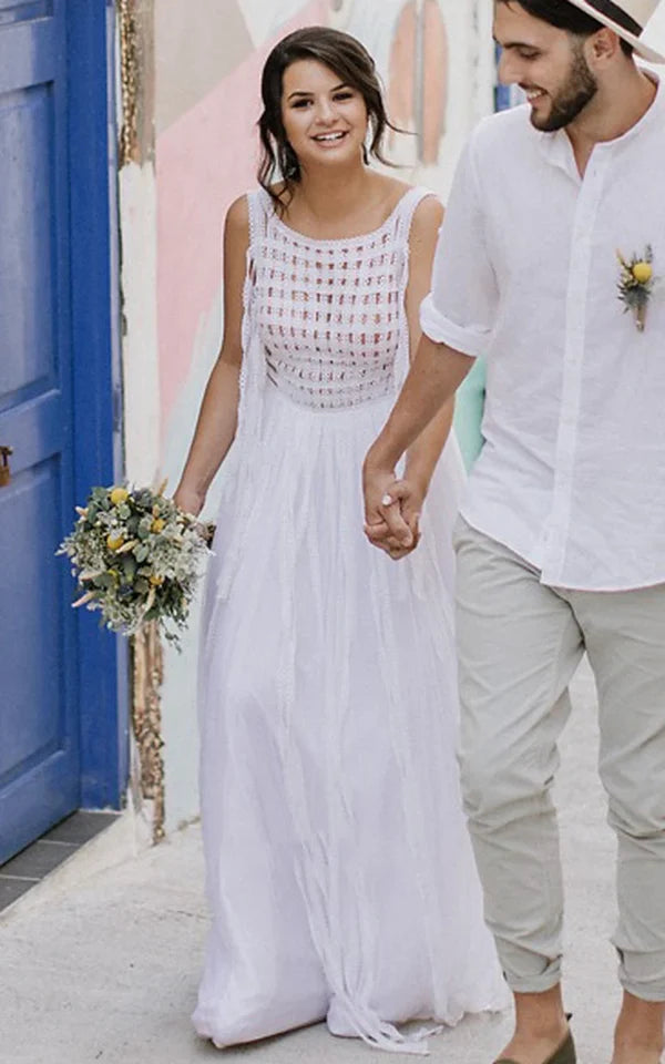 Buyishang Casual A-Line Bateau Lace Tulle Wedding Dress With Open Back And Lace