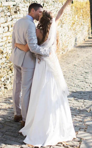 Buyishang Casual A-Line Strapless Satin Garden Wedding Dress With Backless And Illusion Sleeves