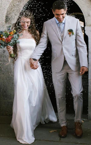 Buyishang Casual A-Line Strapless Satin Garden Wedding Dress With Backless And Illusion Sleeves