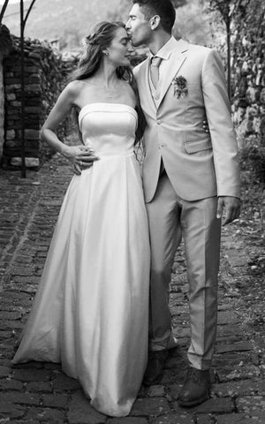 Buyishang Casual A-Line Strapless Satin Garden Wedding Dress With Backless And Illusion Sleeves