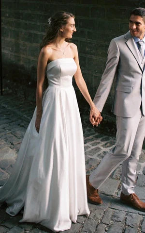 Buyishang Casual A-Line Strapless Satin Garden Wedding Dress With Backless And Illusion Sleeves