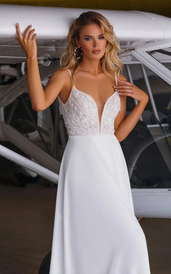 Buyishang Casual A-Line V Neck Chiffon Sweep Train Wedding Dress