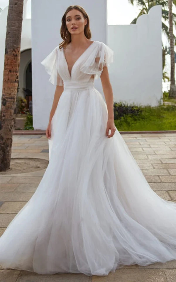 Buyishang Casual Beach A-Line Tulle Wedding Dress With V-neck And Low-V Back