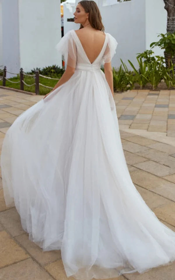 Buyishang Casual Beach A-Line Tulle Wedding Dress With V-neck And Low-V Back