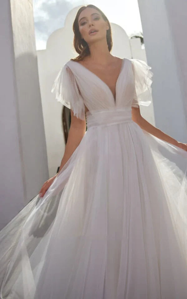 Buyishang Casual Beach A-Line Tulle Wedding Dress With V-neck And Low-V Back