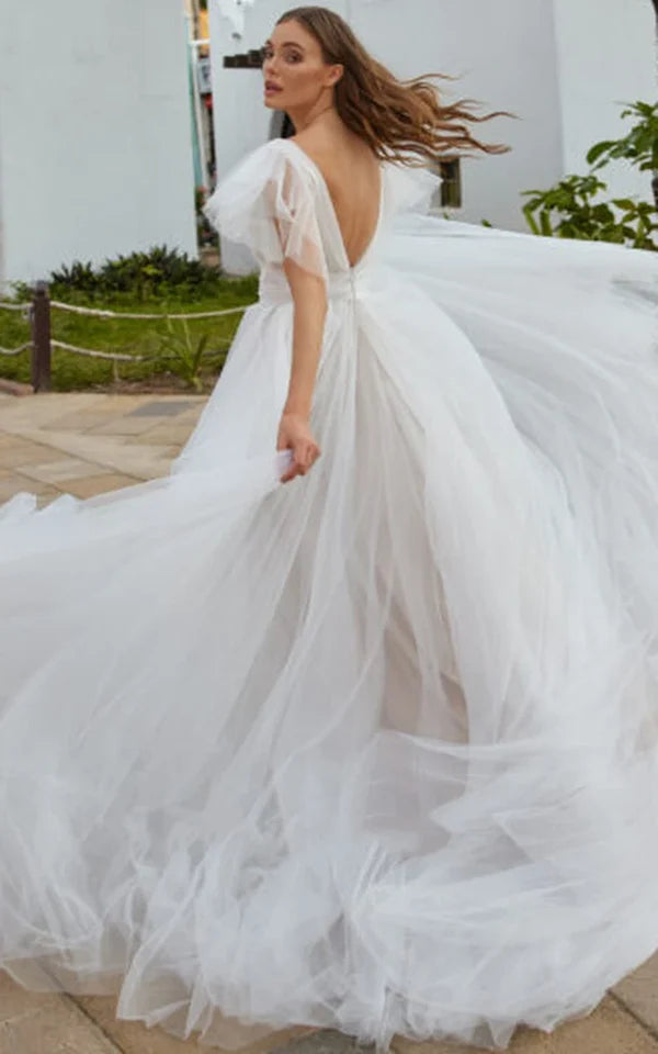 Buyishang Casual Beach A-Line Tulle Wedding Dress With V-neck And Low-V Back