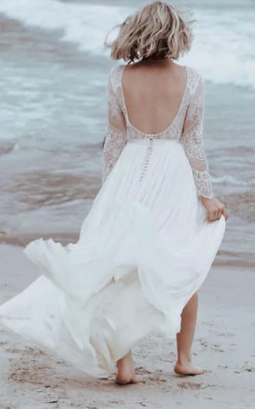 Buyishang Casual Lace Bateau A Line Tulle Floor-length Wedding Dress with Split Front and Pleats