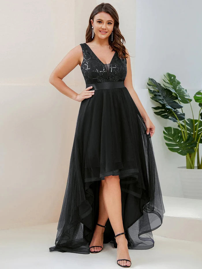 Plus Size Sequin High-Low Deep V Neck Tulle Evening Dresses/Prom  Dresses