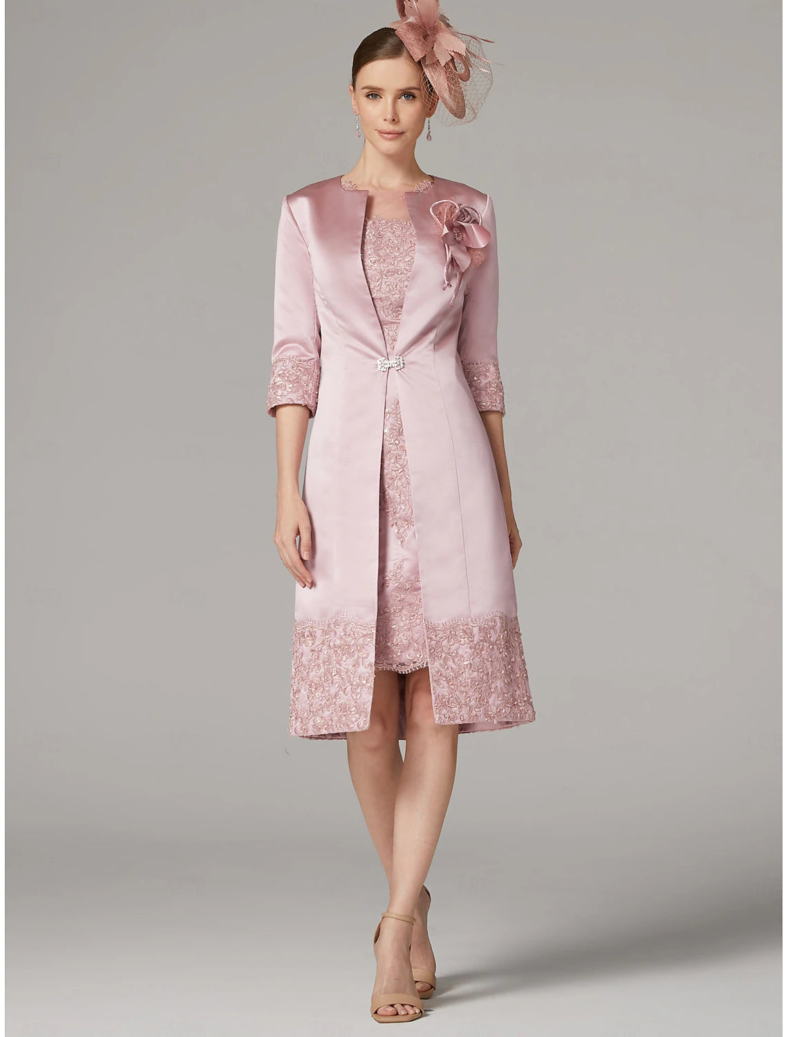 Buyishang Sheath Dress Suit Mother of the Bride Dress Vintage Plus Size Jewel Neck Knee Length Satin Lace 3/4 Length Sleeve Jacket Dresses with Appliques