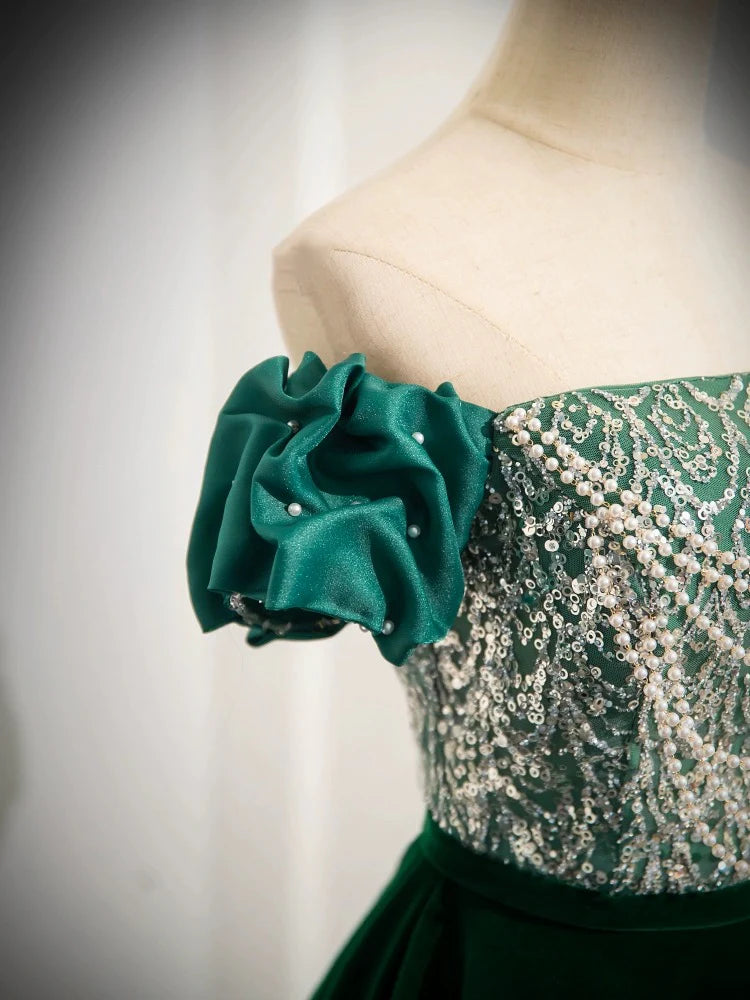 Buyishang A-Line Velvet Sequin Beads Green Long Prom Dress Velvet Green Long Formal Dress