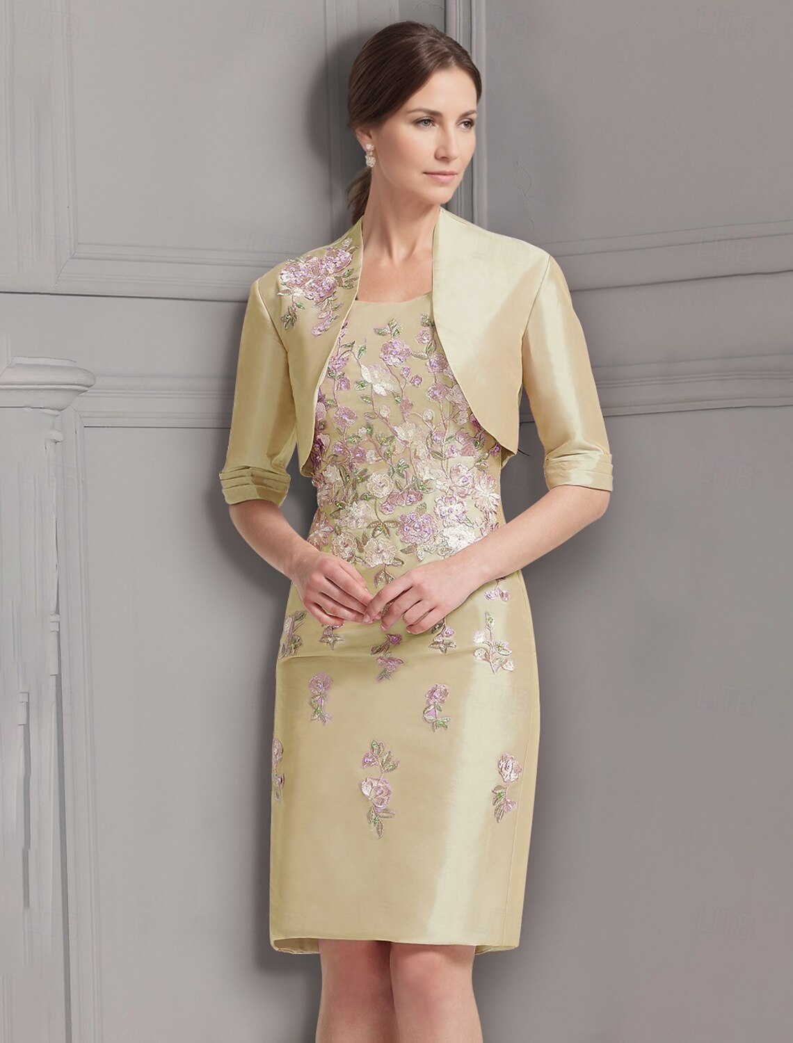 Buyishang Sheath / Column Dress Suit Mother of the Bride Dress Elegant Vintage Jewel Neck Knee Length Satin Lace Half Sleeve Jacket Dresses with Embroidery Appliques