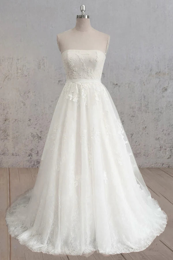 Buyishang Strapless A-Line Tulle Wedding Dress With Lace Bodice