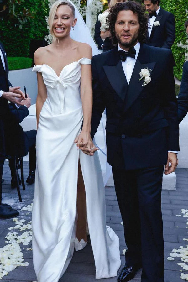 Buyishang A-Line Simple Off the Shoulder White Satin Wedding Dresses