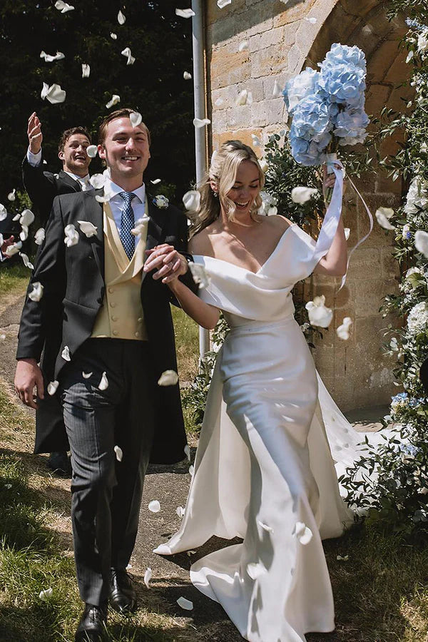 Buyishang Mermaid Off the Shoulder White Satin Wedding Dresses