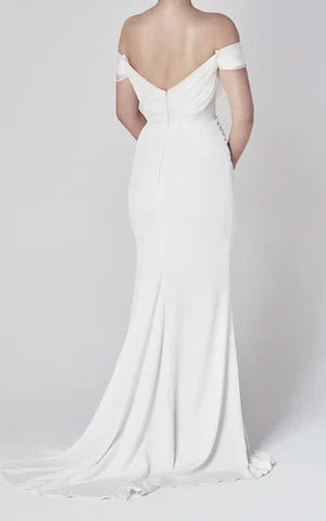 Buyishang Off-the-shoulder Elegant Mermaid Satin Wedding Dress With Tiers And V-back