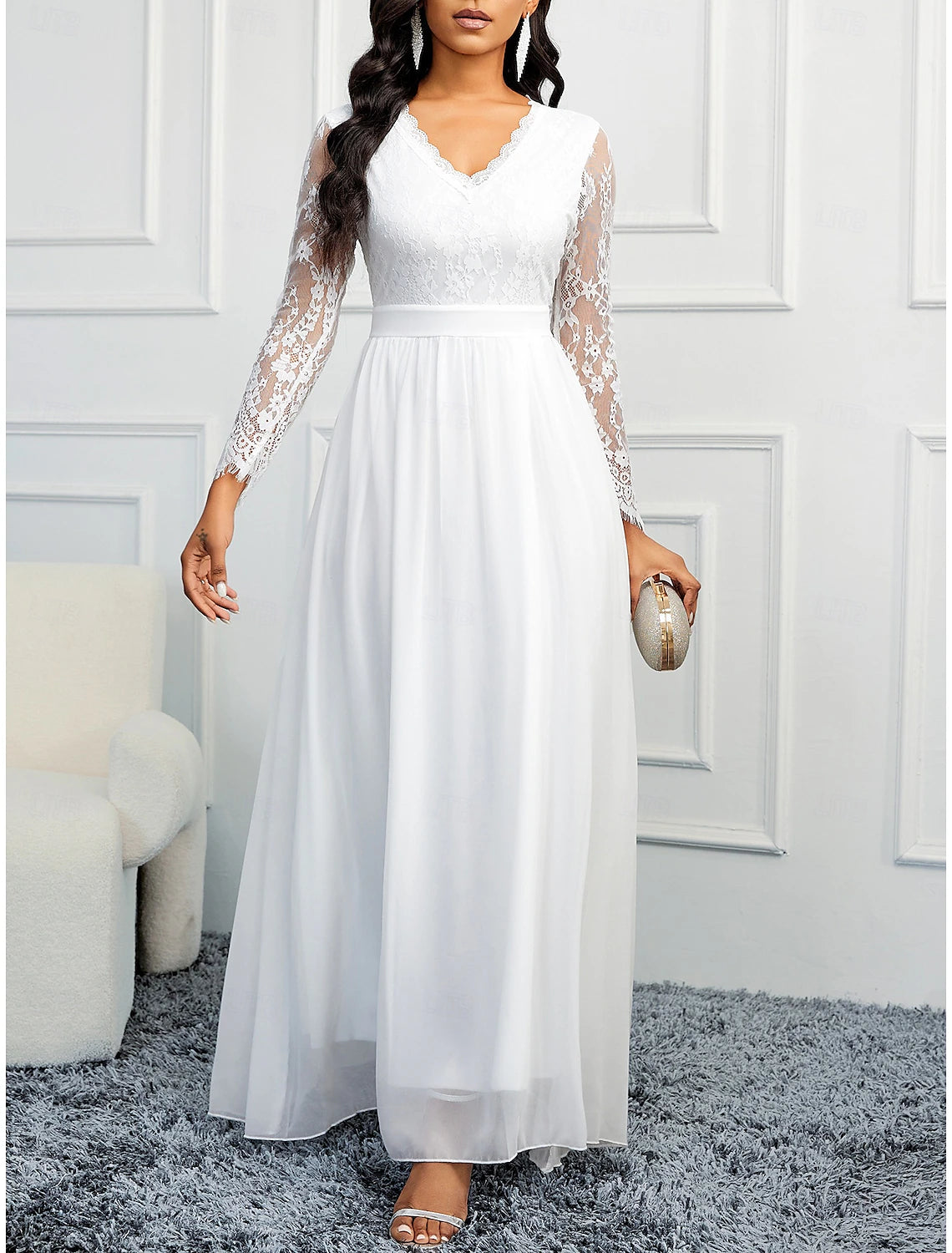 Buyishang Wedding Dresses A-Line V Neck Long Sleeve Floor Length Chiffon Bridal Gowns With Appliques