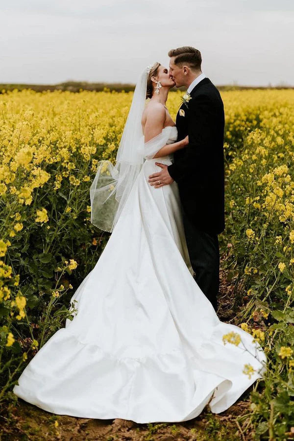 Buyishang A-Line White Satin Off the Shoulder Wedding Dresses