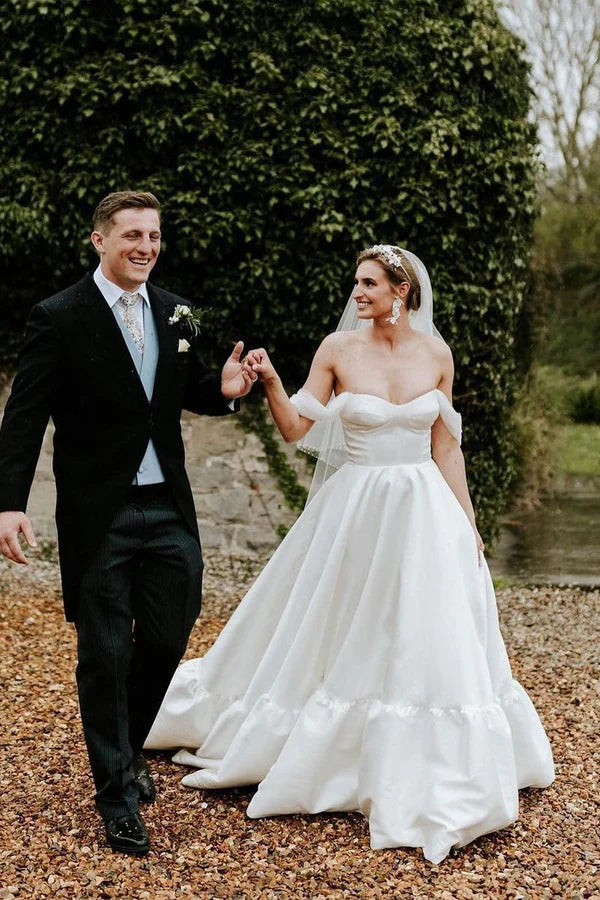 Buyishang A-Line White Satin Off the Shoulder Wedding Dresses