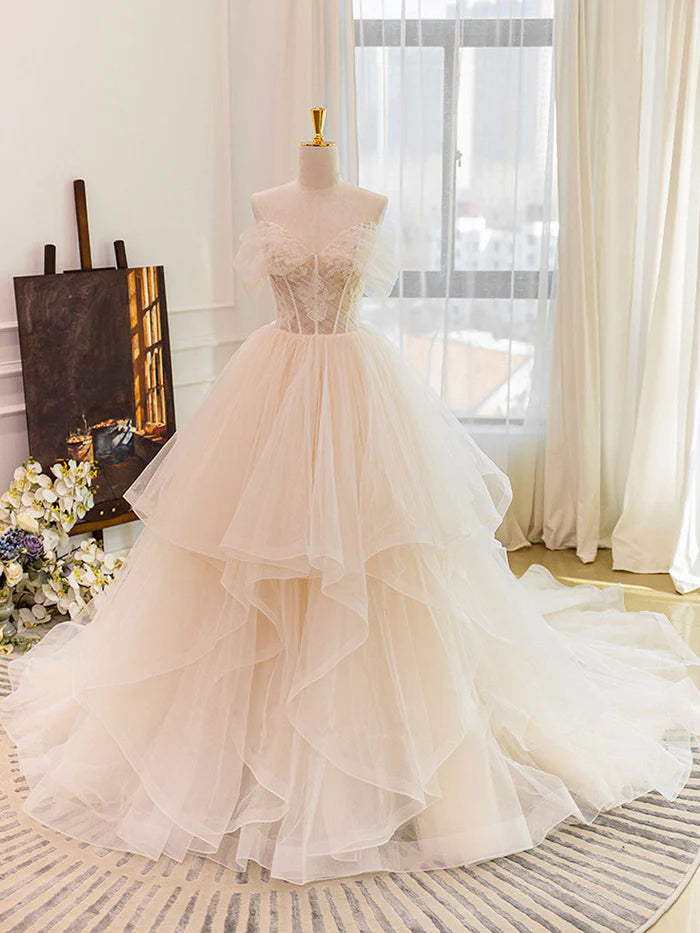 Buyishang Champagne Tulle Lace Wedding Dress With Sweep Train