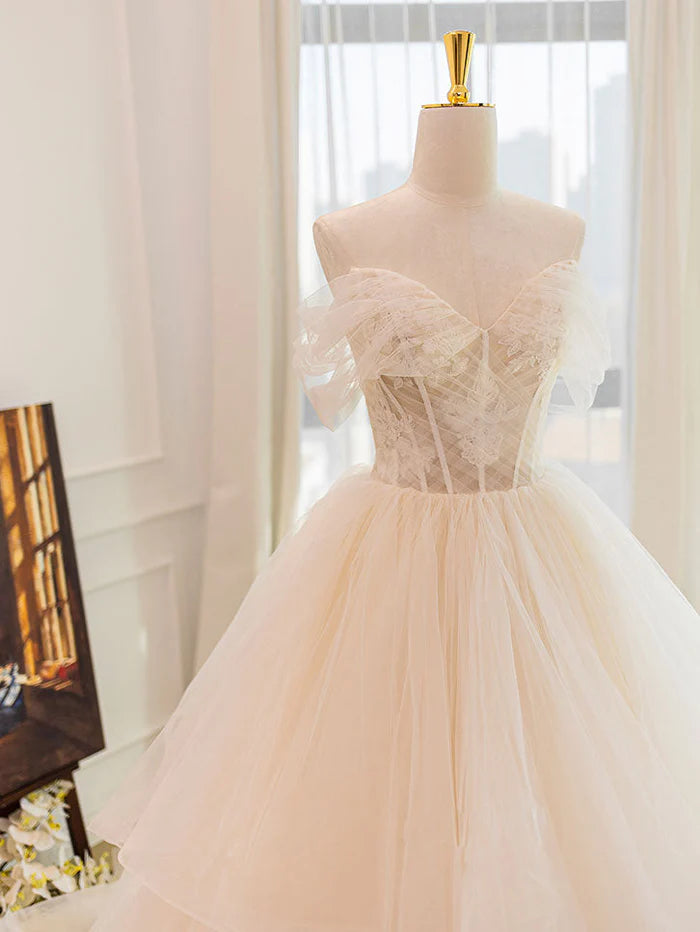 Buyishang Champagne Tulle Lace Wedding Dress With Sweep Train