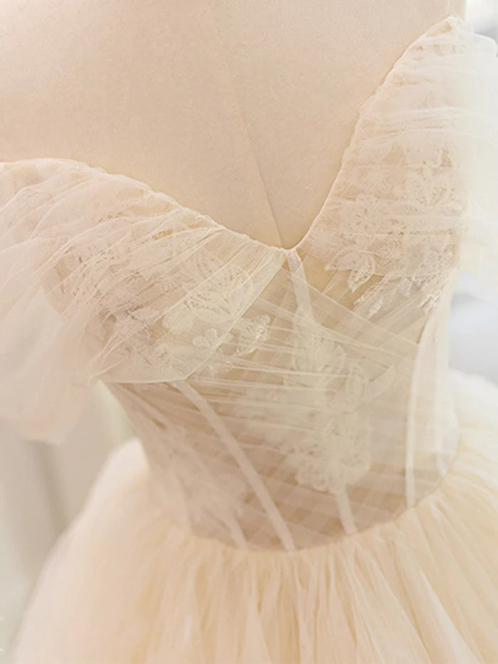 Buyishang Champagne Tulle Lace Wedding Dress With Sweep Train