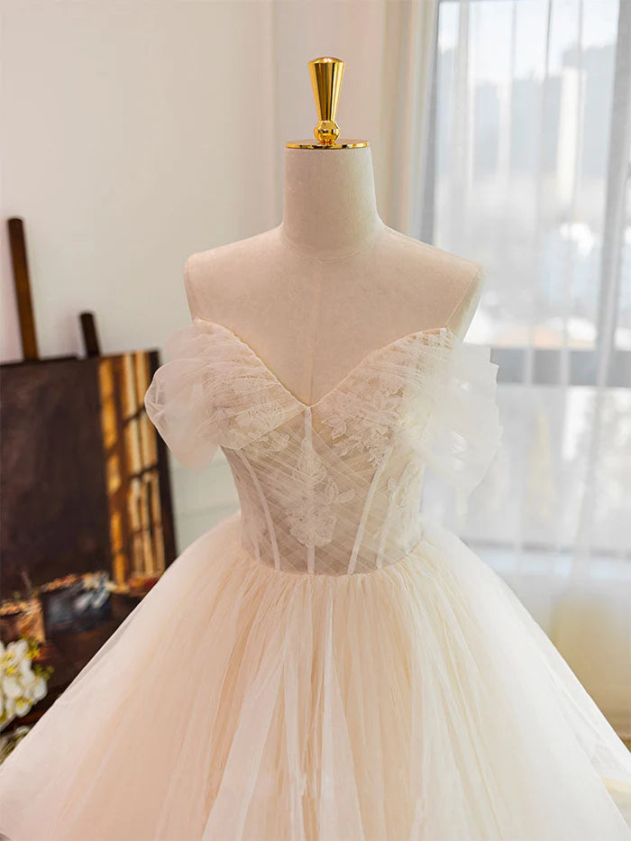 Buyishang Champagne Tulle Lace Wedding Dress With Sweep Train