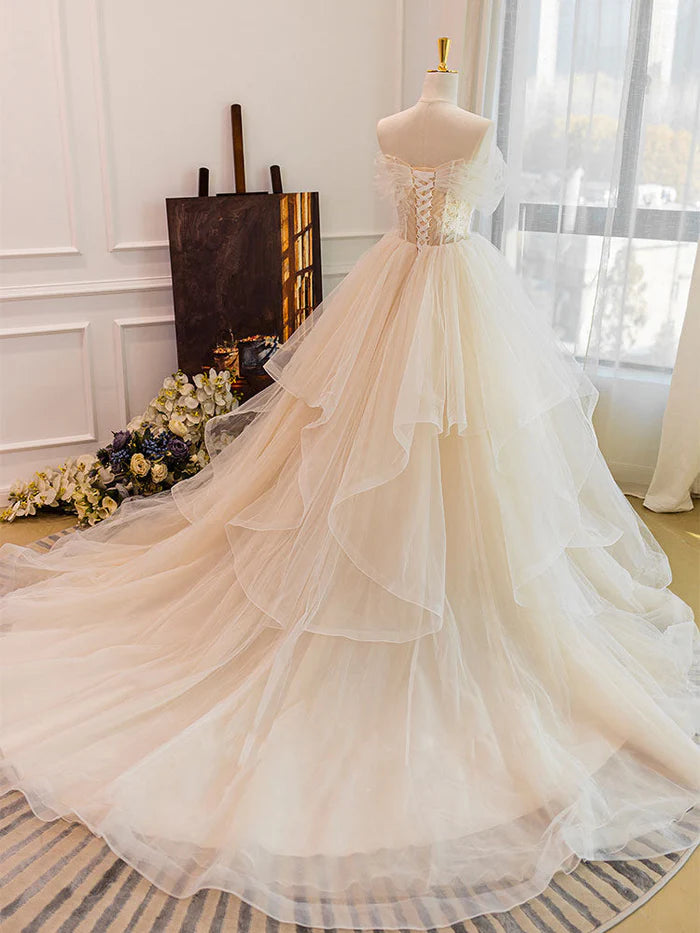 Buyishang Champagne Tulle Lace Wedding Dress With Sweep Train