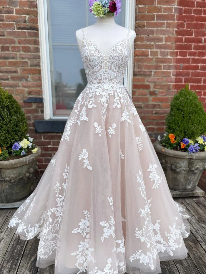 Buyishang Champagne V Neck Lace Tulle Long Wedding Dress With Lace-Up Back