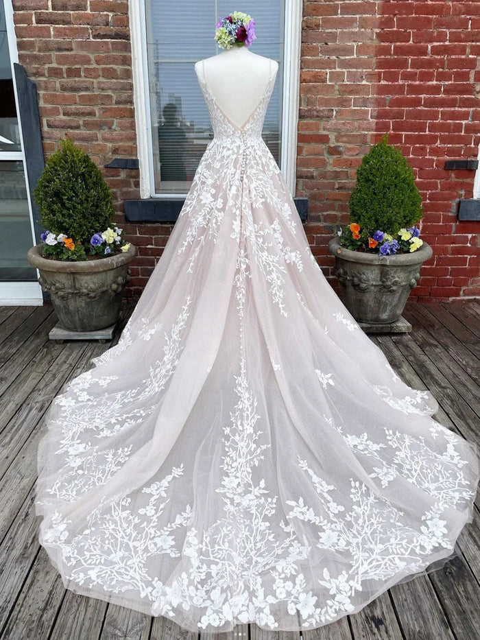 Buyishang Champagne V Neck Lace Tulle Long Wedding Dress With Lace-Up Back