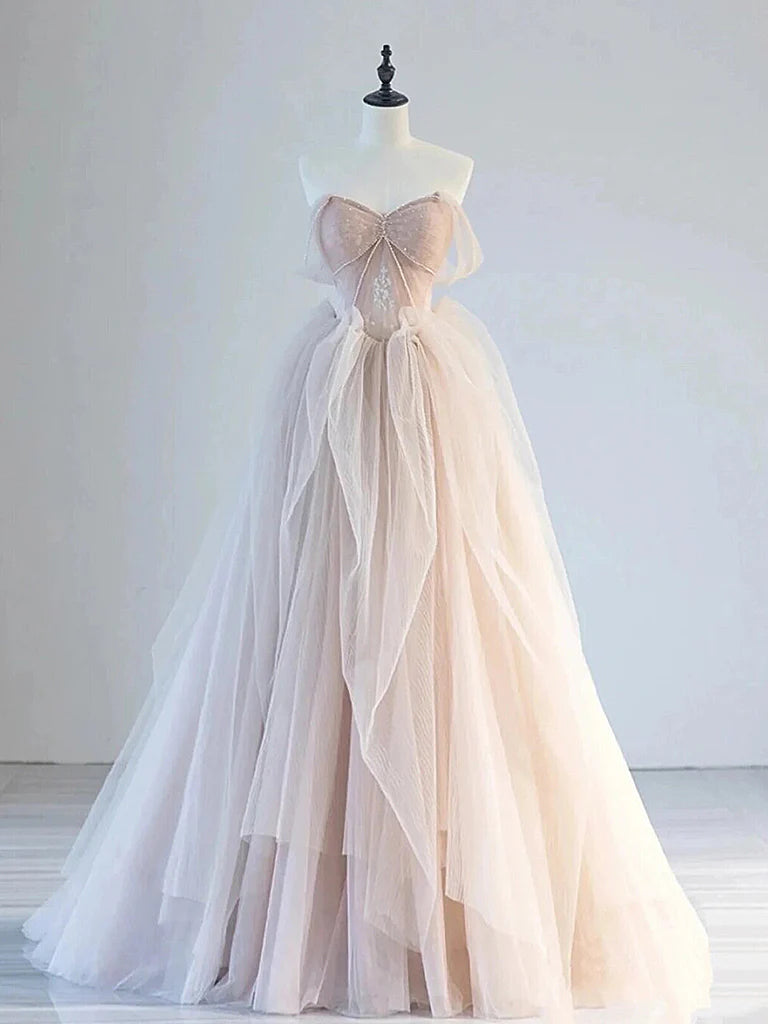 Buyishang A-Line Off Shoulder Tulle Lace Champagne Pink Long Prom Dress Lace Long Formal Dress