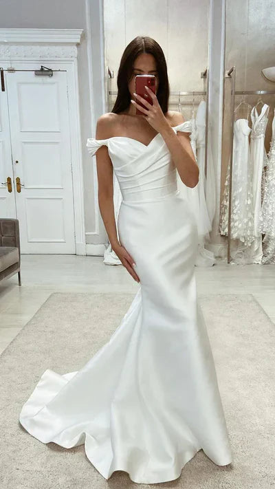 Buyishang Chic Satin Mermaid Off-Shoulder Ruched With Train Beach Wedding Dress
