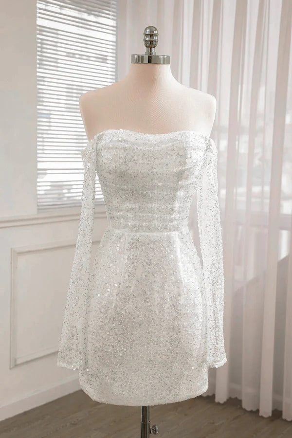 Buyishang Chic Short Sequined Backless Wedding Dress With Long Detachable Sleeves