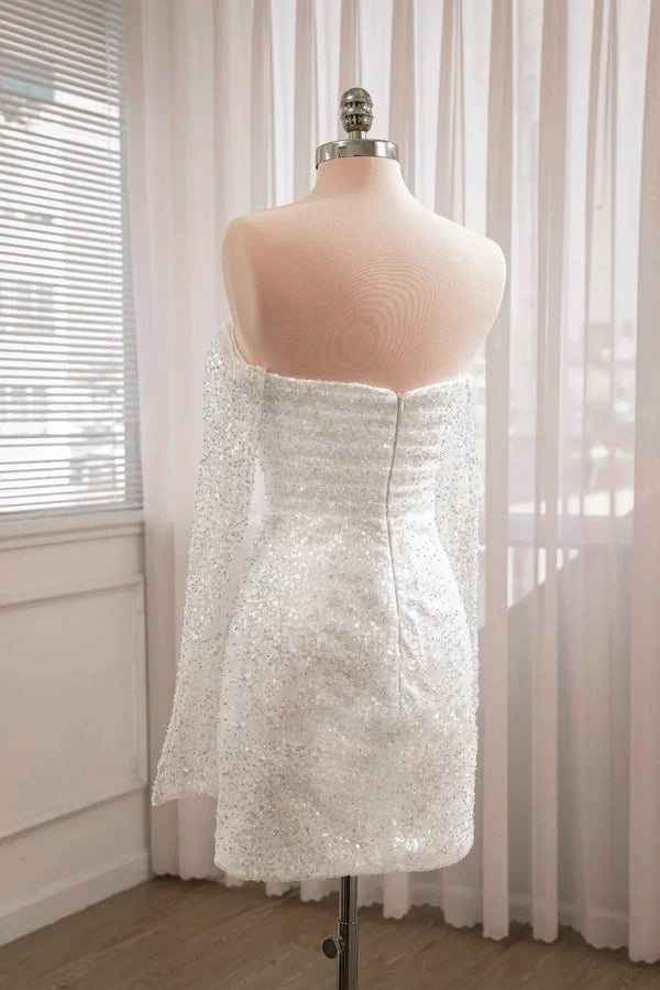 Buyishang Chic Short Sequined Backless Wedding Dress With Long Detachable Sleeves