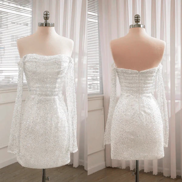 Buyishang Chic Short Sequined Backless Wedding Dress With Long Detachable Sleeves
